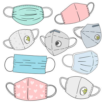 Set of protective face masks and respirators. Cute cartoon vector illustration, isolated. Blue, pink, grey and aqua colorsのイラスト素材
