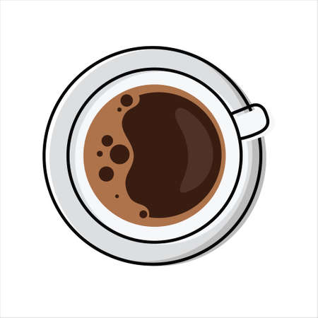 Cup of frothy coffee - top view. Simplified, outline color filled vector illustration of Americano / Espresso drink, isolatedのイラスト素材