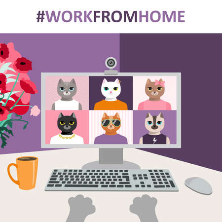COVID-19 social distancing - cute cartoon cats working at home. Video call vector illustration. Desktop, plant & coffee. Live stream, students group chat, teamworkのイラスト素材
