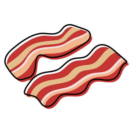 Two slices of wavy bacon on white background. Cartoony bacon strips roasted. Simplified, outline color filled vector illustration, isolatedのイラスト素材