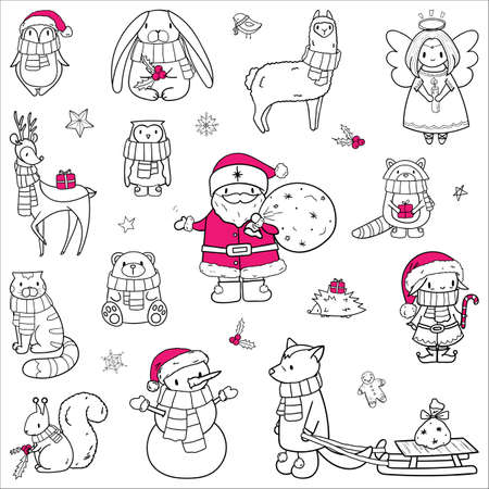 Christmas animals and characters set. Hand drawn doodle cartoon vector illustration, black and white. Santa, elf, snowman, angel, cat, raccoon, bear, squirrel, penguin, bunny, wolf, llama, deer, owlのイラスト素材