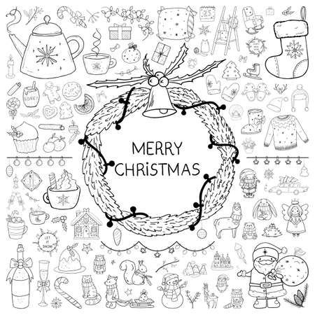Merry Christmas big hand drawn doodle set - all elements, decorations and characters. Outline vector illustration, New Year holiday mega packのイラスト素材