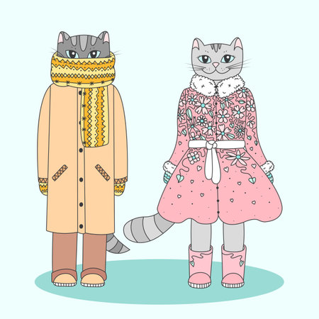 Humanized winter cats. Two cute cartoon kitties dressed in warm clothes. Outline color filled vector illustrationのイラスト素材