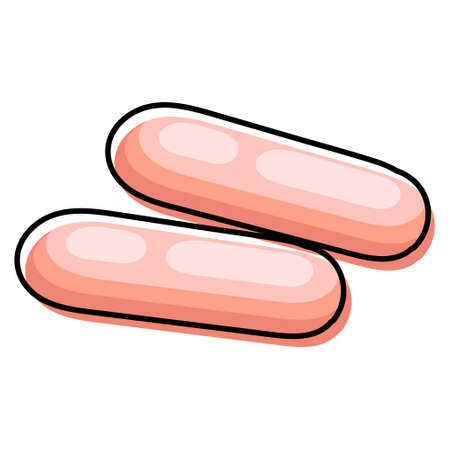 Two pink sausages on white background. Simplified, outline color filled vector illustration, isolatedのイラスト素材