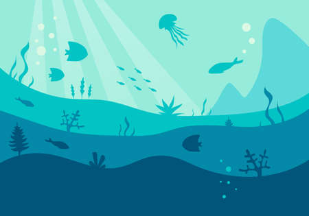 Underwater world silhouette, vector. Deep blue sea with fishes and seaweed, simple flat illustrationのイラスト素材