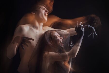 mystical couple beauty portrait with veil, studio shot, closeup, Technique mixed light