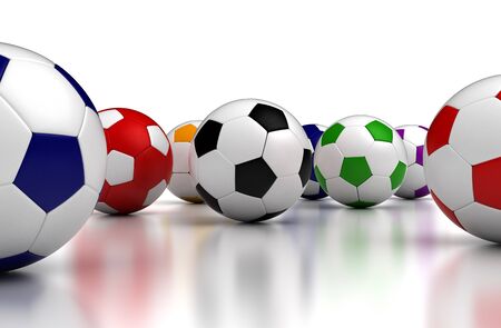 Colorful soccer balls on white background  Computer generated image の写真素材