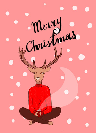 Greeting card with a cute cartoon deer in a red sweater. Inscription merry christmas.のイラスト素材