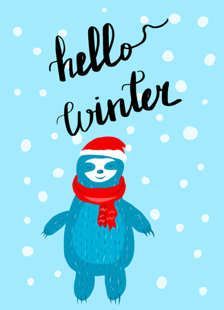 Greeting card with cute blue sloth in red scarf and santa hat. Inscription hello winter.のイラスト素材