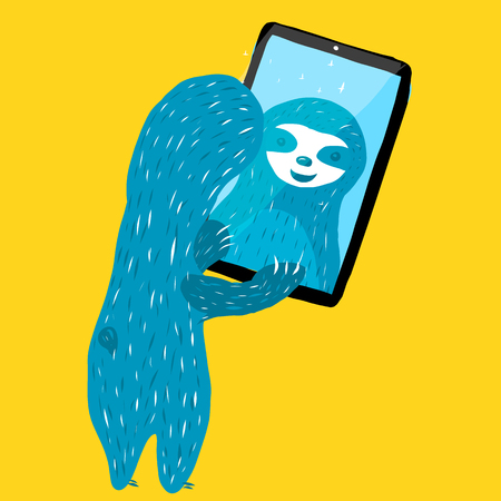 Cartoon cute blue sloth holding smartphone and making selfie. Vector illustration.のイラスト素材