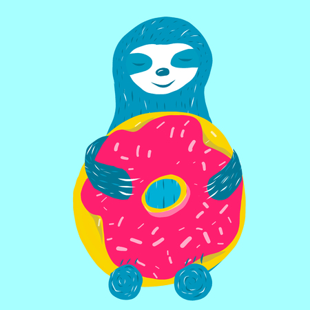 Cute blue sloth is hugging a huge pink donut, vector illustration, sweets.のイラスト素材