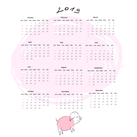 Calendar for 2019 with hand drawn illustration. Week starts on sunday.のイラスト素材