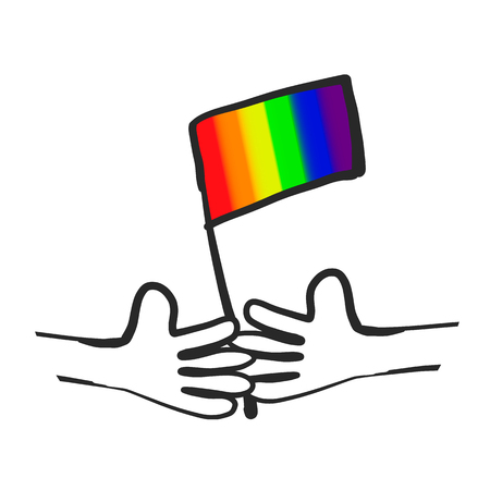 Cartoon hands with LGBT flag on white background. Vector illustration, clipart.のイラスト素材