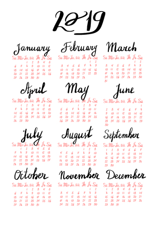 Hand drawn calendar with lettering for 2019. Week starts on sunday.のイラスト素材