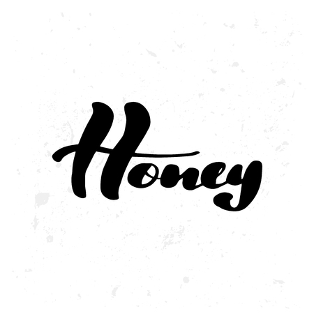 Inspirational handwritten brush lettering inscription honey. Vector illustration isolated on white background with light texture. Can be used as banner, logo, sticker.のイラスト素材
