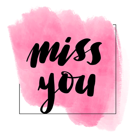 Lettering inscription miss you. Valentine's Day card. Pink watercolor stain on background.のイラスト素材