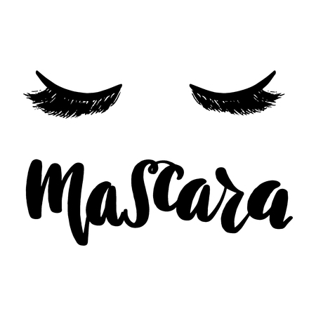 Mascara lettering greeting card. Make up concept. Typographic design isolated on white background. Vector illustration.のイラスト素材