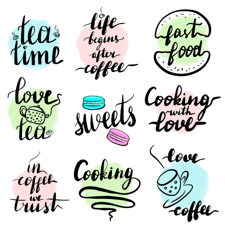 Handwritten quotes set about coffee, tea and food. Modern brush lettering, calligraphy, typography design. T-shirt prints, posters.のイラスト素材