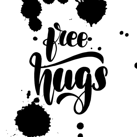 Inspirational handwritten brush lettering inscription free hugs. Vector illustration. Black ink spots on the background.のイラスト素材