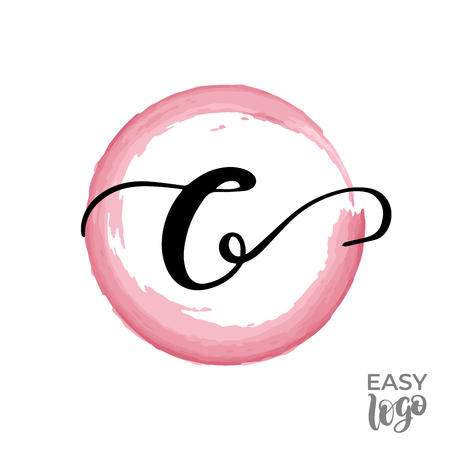 Abstract handwritten calligraphy letter C logo design template. Universal icon. Pink watercolour circle on background.のイラスト素材
