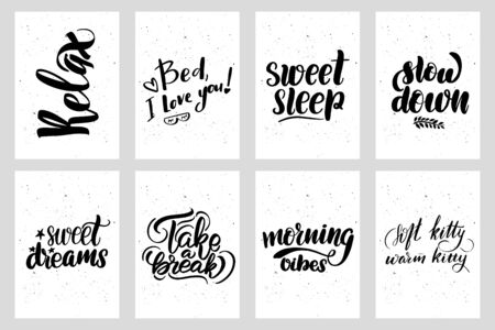Good night lettering postcard set. Sleep quote. Sweet cute hand drawn inspiration typography. Calligraphy postcard poster graphic design element. Hand written sign, vector stock illustration.のイラスト素材