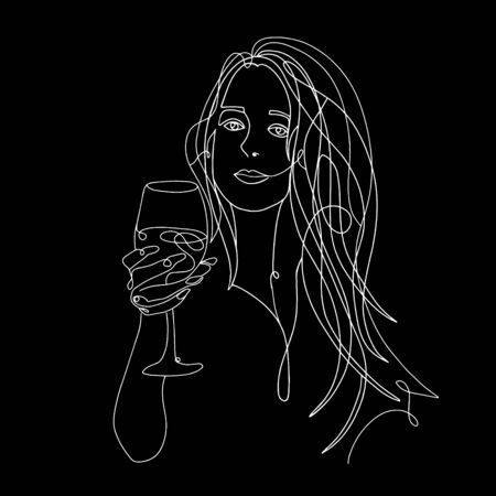 Continuous line, one line, drawing of face and hairstyle, fashion concept, woman beauty minimalist, vector stock illustration for t-shirt, slogan design print graphics styleのイラスト素材