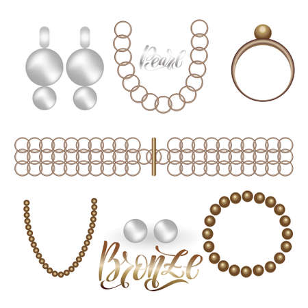 Jewelry bronze vintage fashion realistic set on white backgroundのイラスト素材