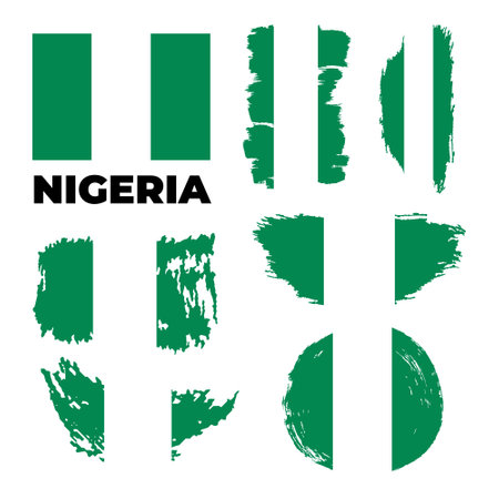 National flag of Nigeria. Shiny metallic gray square button with shadow.のイラスト素材