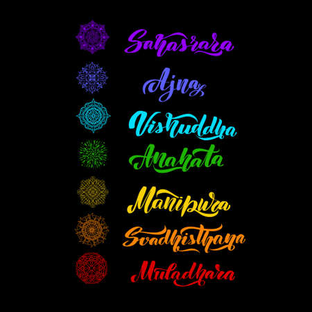 Chakras muladhara, swadhisthana, manipura, anahata, vishuddha, ajna, sahasrara. Colorful therapy letter illustration.のイラスト素材