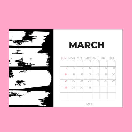 March 2022 page, Calendar 2022 template, Desk calendar, planner design, Wall calendar, week starts on sunday, stationery design, Desk office, organizer office, vectorのイラスト素材