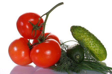 Tomato vine, cucumbers, lettuce and fennelの写真素材
