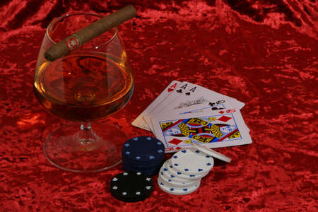 Cards (aces and ladies), whisky and cigar, poker