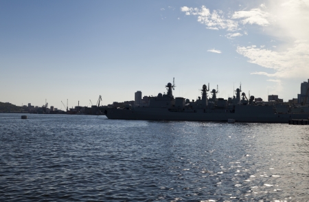 The military ships lie alongside after a long campaignのeditorial素材