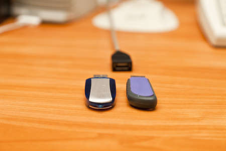 Flash cards lie on a table waiting for connectionの写真素材