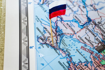 Flag of Russia against the Russian landの写真素材