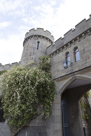 The ancient beautiful castle is constructed among mountains and flowers