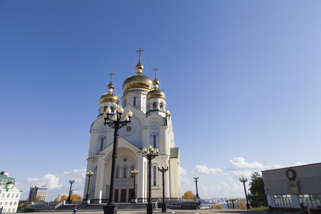 The beautiful Orthodox church brightly sparkles in the sunの写真素材