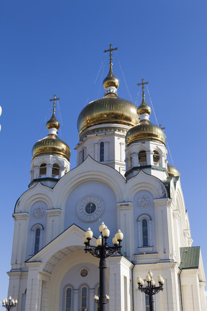 The beautiful Orthodox church brightly sparkles in the sunの写真素材