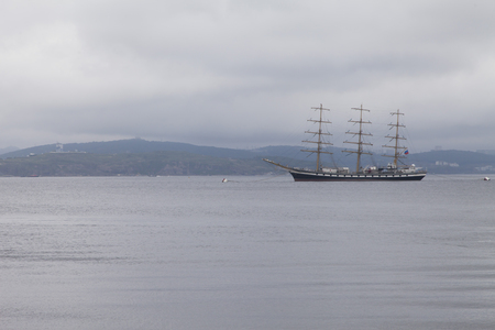 Very big sailing vessel costs on raid and waitsの写真素材