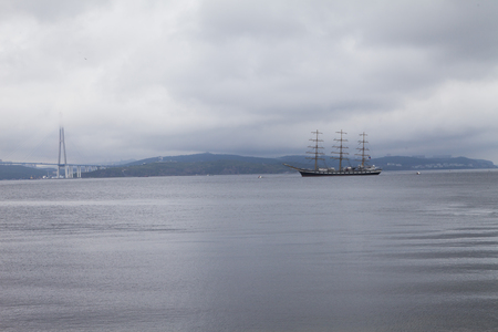 Very big sailing vessel costs on raid and waitsの写真素材