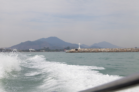 The beautiful view of the sea evokes reminiscence about rest in the southの写真素材