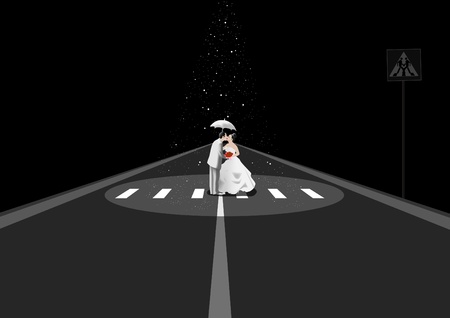 Bride and groom at a pedestrian crossingのイラスト素材