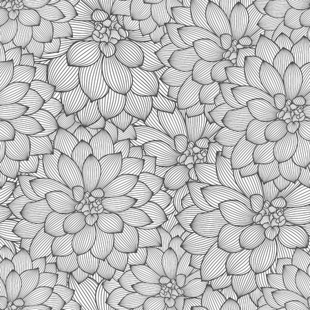 Monochrome seamless hand-drawing floral background with flower dahlias.のイラスト素材