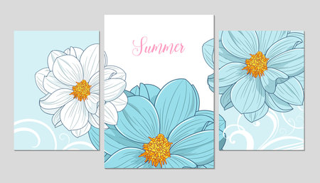 A set of three beautiful backgrounds with flower dahla for printing for decorating the walls of a cafe, restaurant, living room, kitchen, bedroom.のイラスト素材