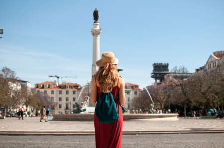 Female traveler in Lisbon, Portugalの写真素材