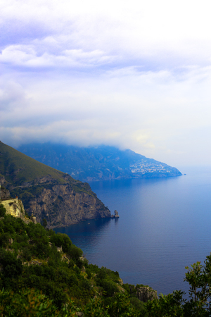 Sunset with dramatic sky over Tyrrhenian Sea in Amalfi Coast,Company, Italyの写真素材