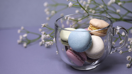 Multicolored macaroons in a glass cup and flower Gypsophila on a gray-blue background.の写真素材