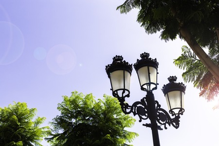 Black lanterns, trees on the background of blue sky.