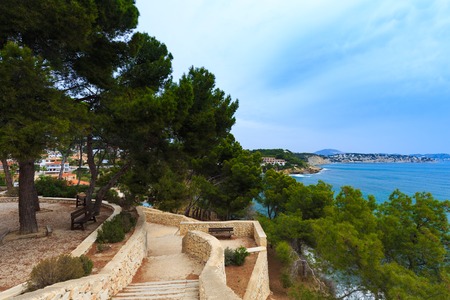 Mediterranean pines in a city park in Moraira overlooking Playa El Portet beach in Mediterranean Alicante, Spain.の写真素材