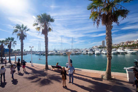 Alicante, province of Alicante, Spain - November 4, 2018: Promenade in the Marina with beautiful buildingsのeditorial素材